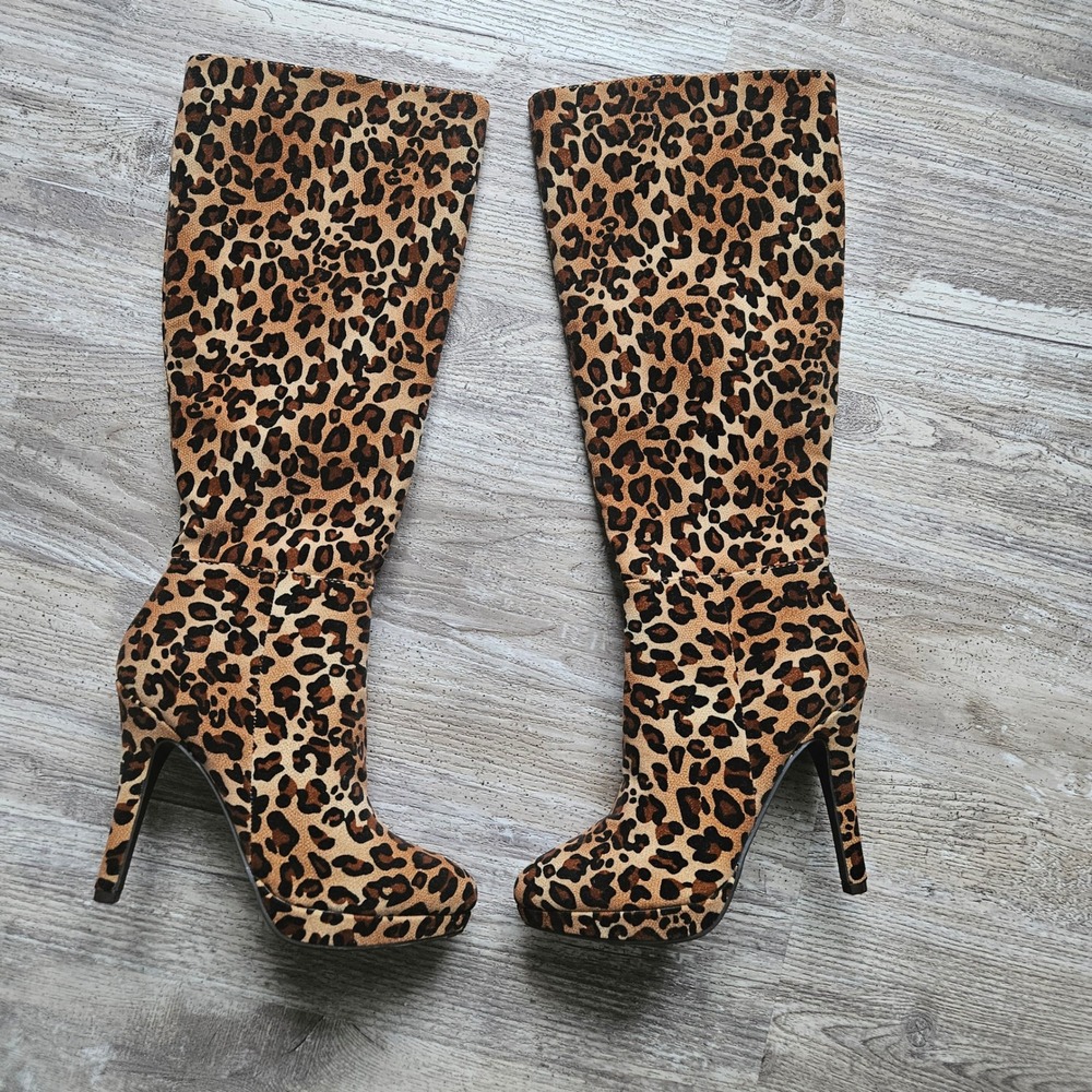 Worthington Leopard Print Platform Boots Women 7.5 Brown Stiletto Knee High Zip